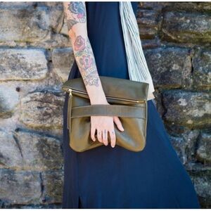 Neva Opet Olive Green Genuine Leather Fold-Over Clutch.